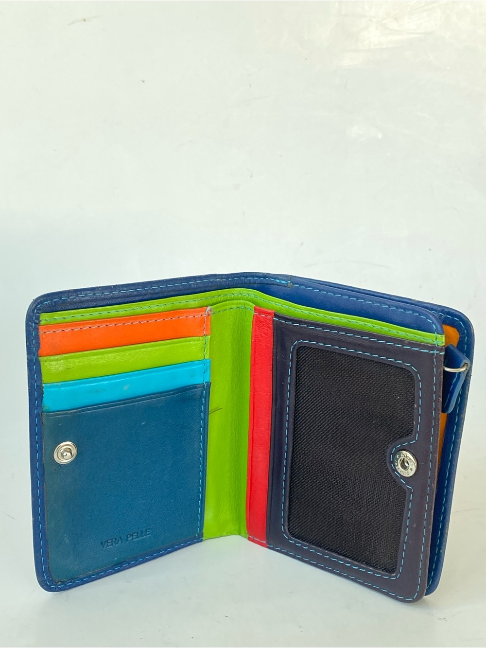 Vera Pelle Colorblock Trifold Wallet - Blue with Bright Accent Panels